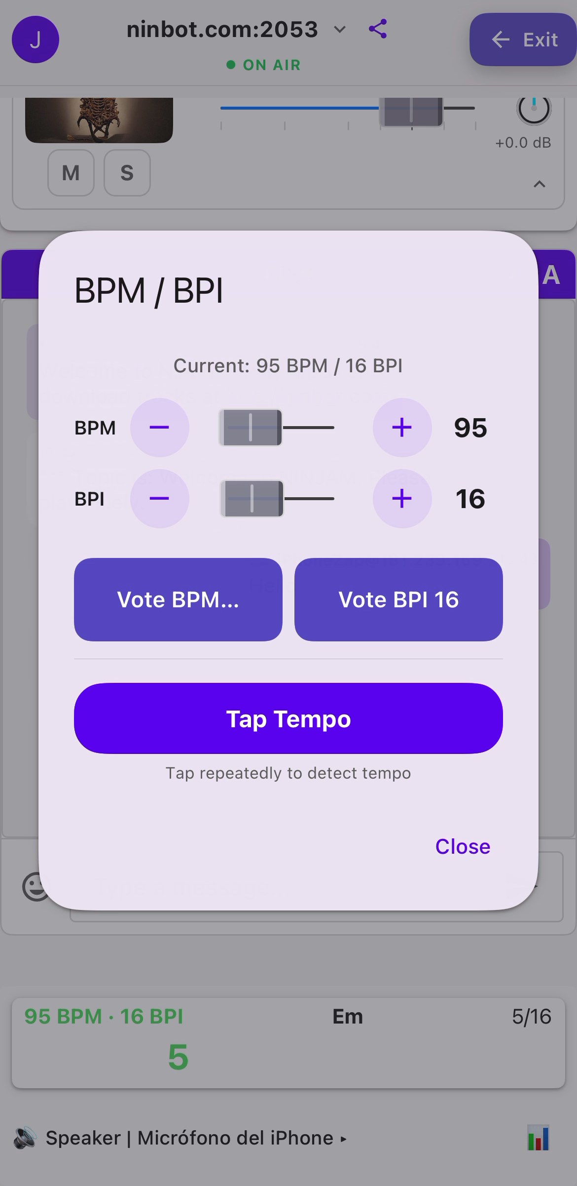 NinjamZap BPM/BPI modal with sliders, Vote buttons, and Tap Tempo