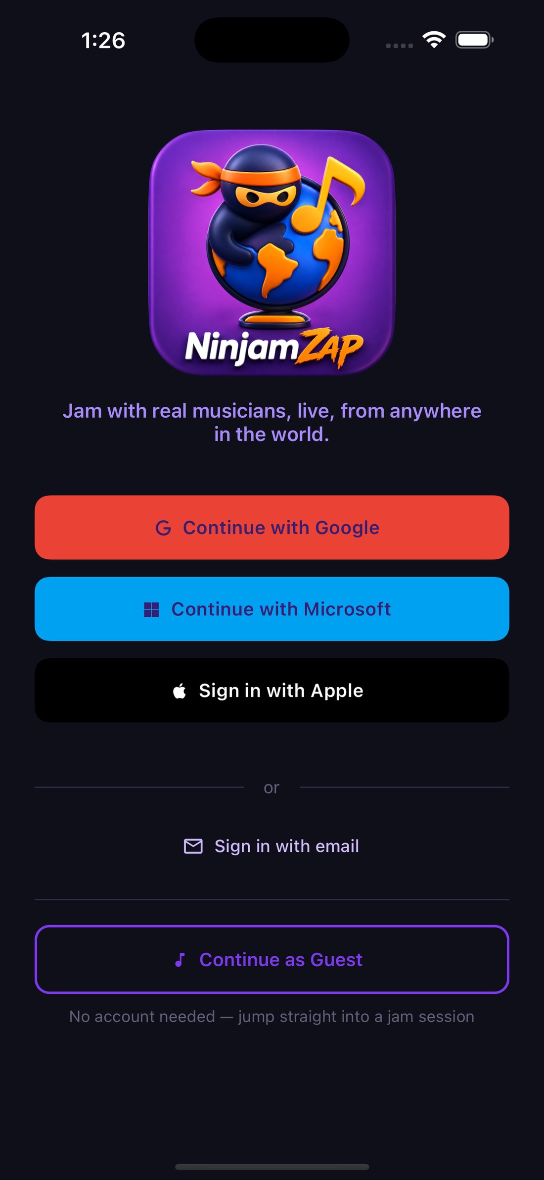 NinjamZap login screen with sign-in options and Continue as Guest button
