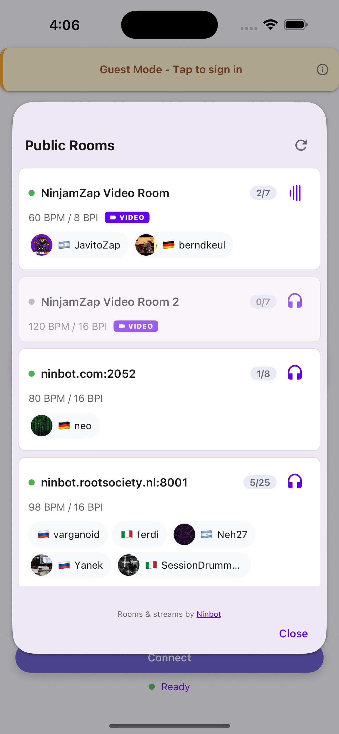 Public Rooms list showing live rooms with tempo, musicians and video badges