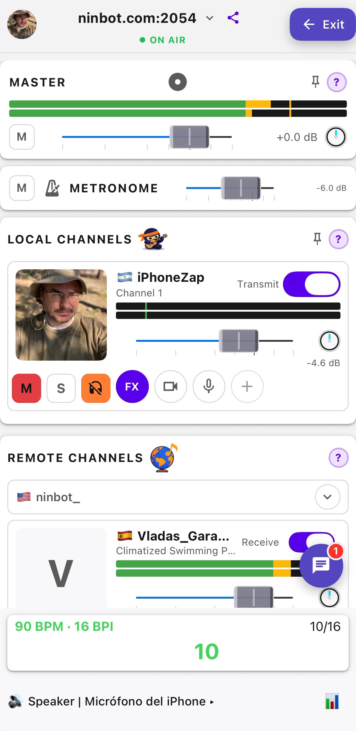 NinjamZap session screen showing Master volume, Metronome toggle, and Local Channels