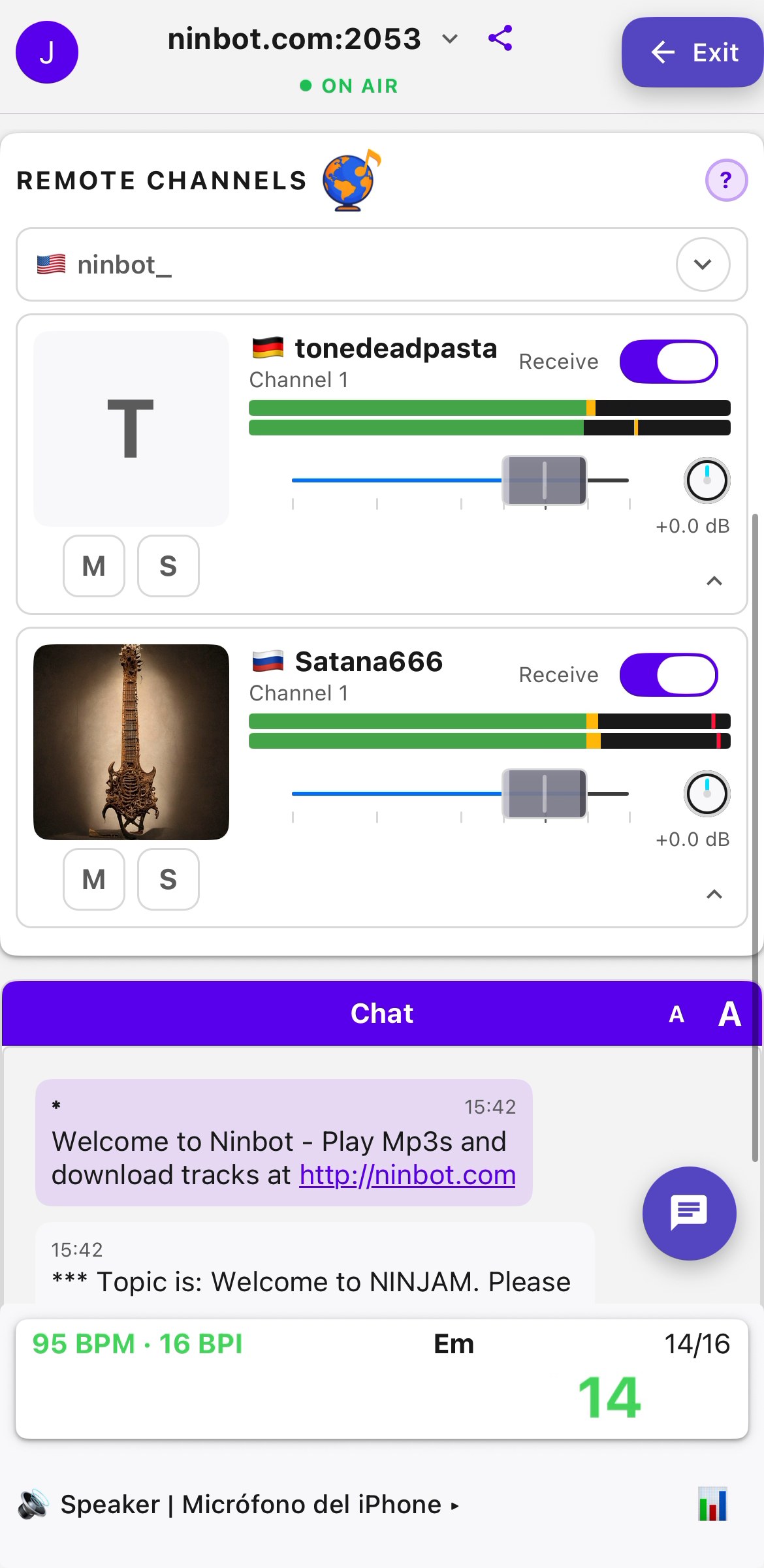 NinjamZap remote channels showing multiple musicians with volume sliders and VU meters