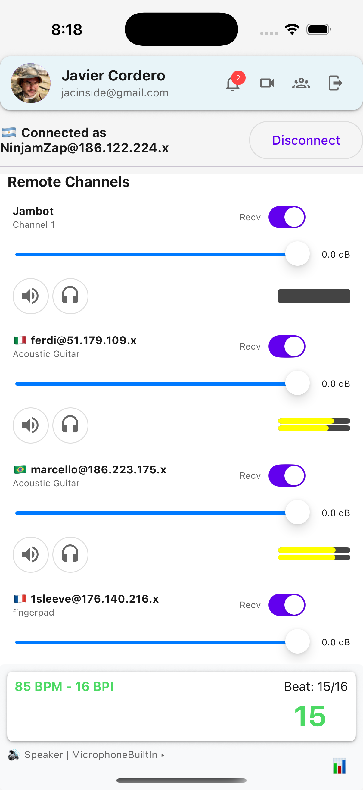 NinjamZap remote channels showing multiple musicians with volume sliders and VU meters