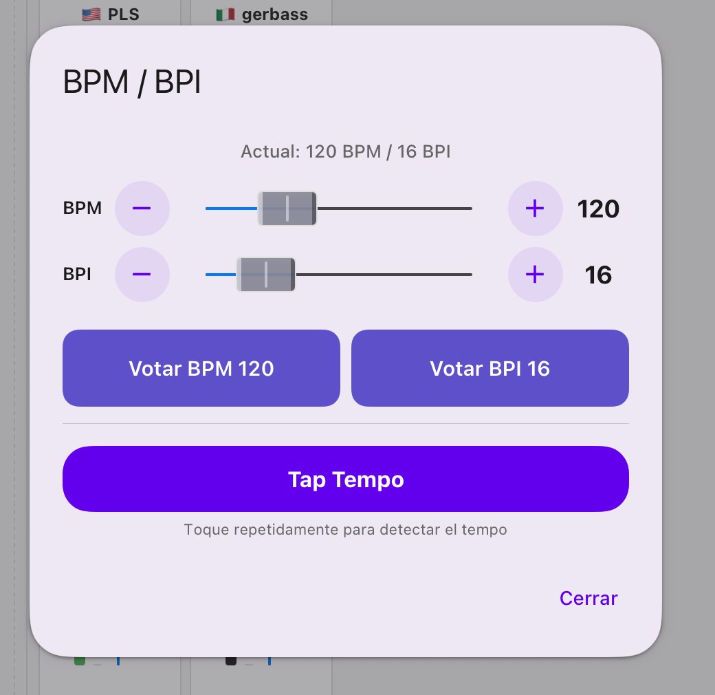 Modal de BPM/BPI de NinjamZap con controles deslizantes, botones de voto y Tap Tempo