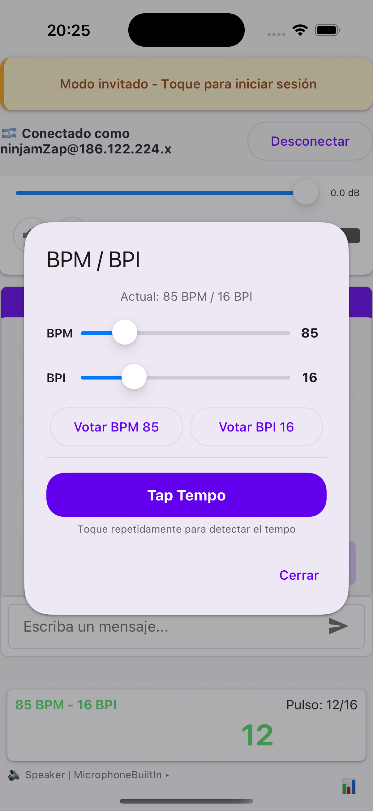 Modal de BPM/BPI de NinjamZap con controles deslizantes, botones de voto y Tap Tempo