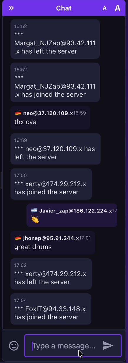 Panel de chat de NinjamZap mostrando mensajes entre m&uacute;sicos