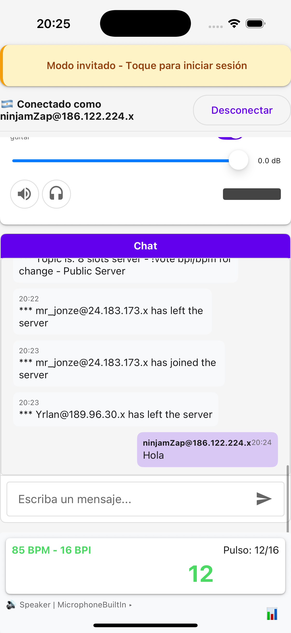 Panel de chat de NinjamZap mostrando mensajes entre m&uacute;sicos