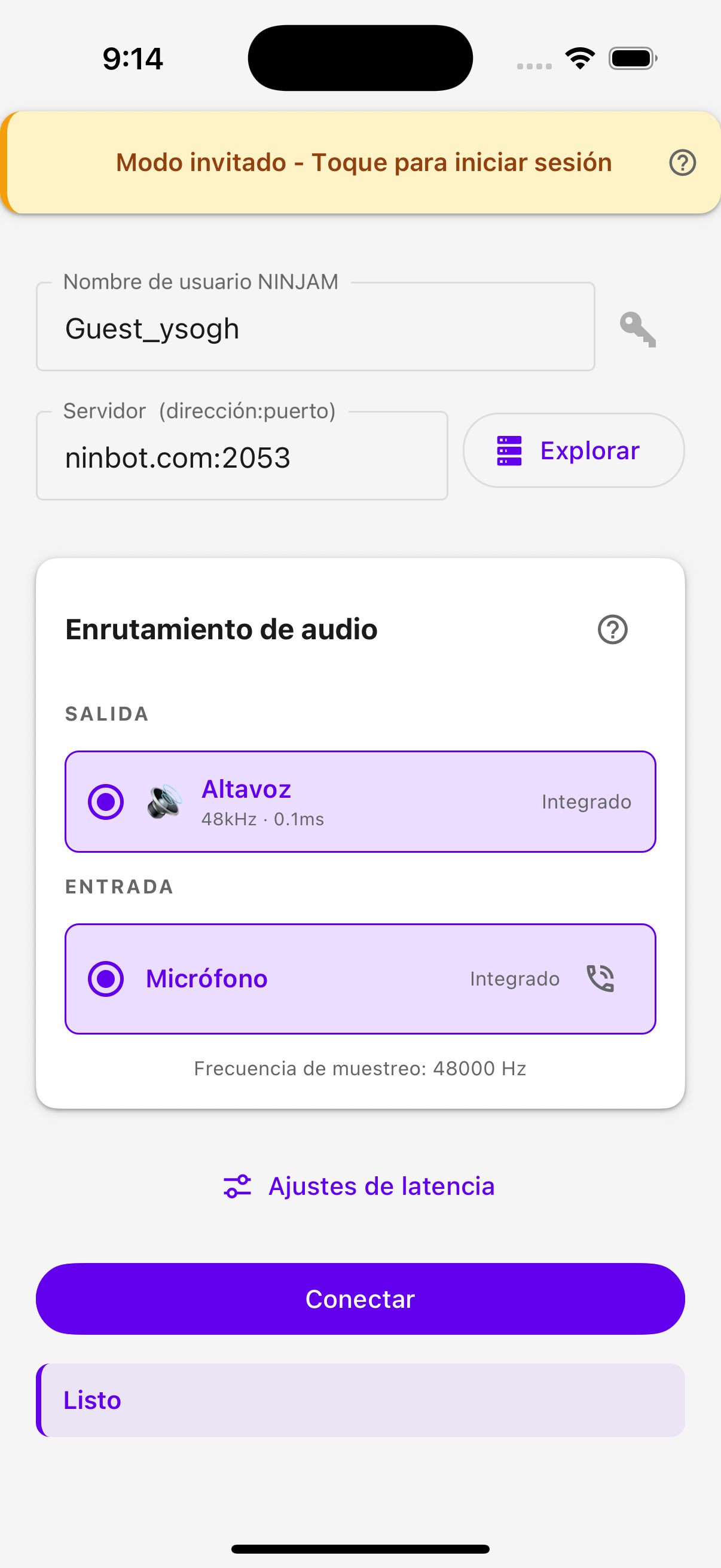 Pantalla de conexi&oacute;n de NinjamZap con campo de servidor, enrutamiento de audio y ajustes de latencia