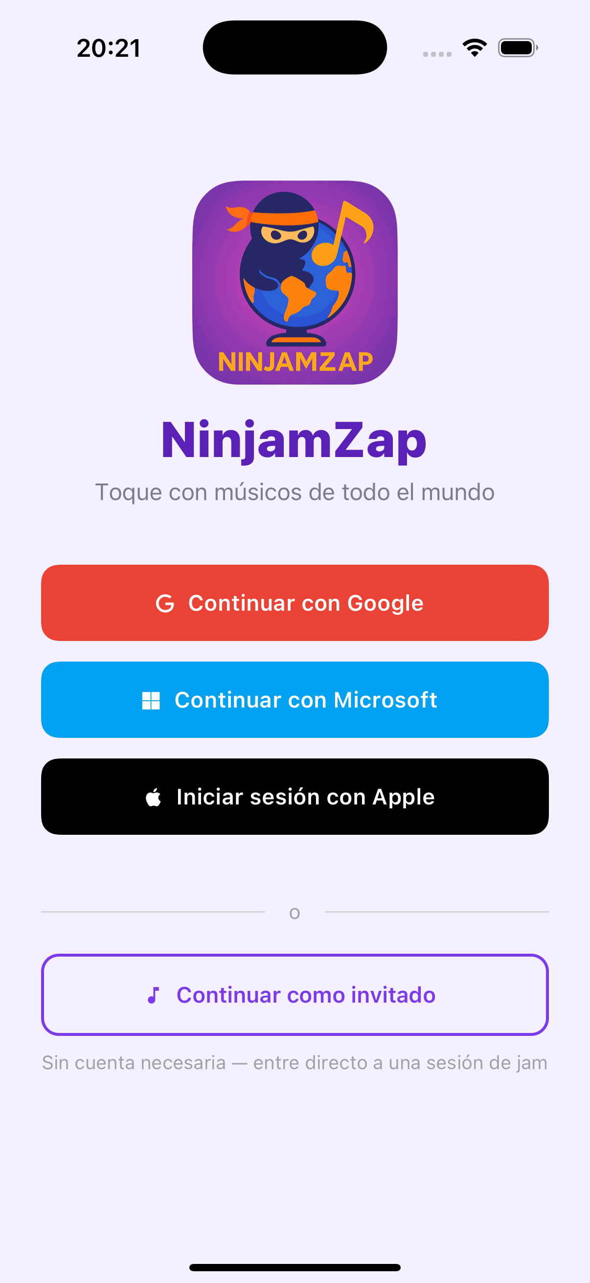 Pantalla de inicio de sesi&oacute;n de NinjamZap con opciones de acceso y bot&oacute;n Continuar como invitado