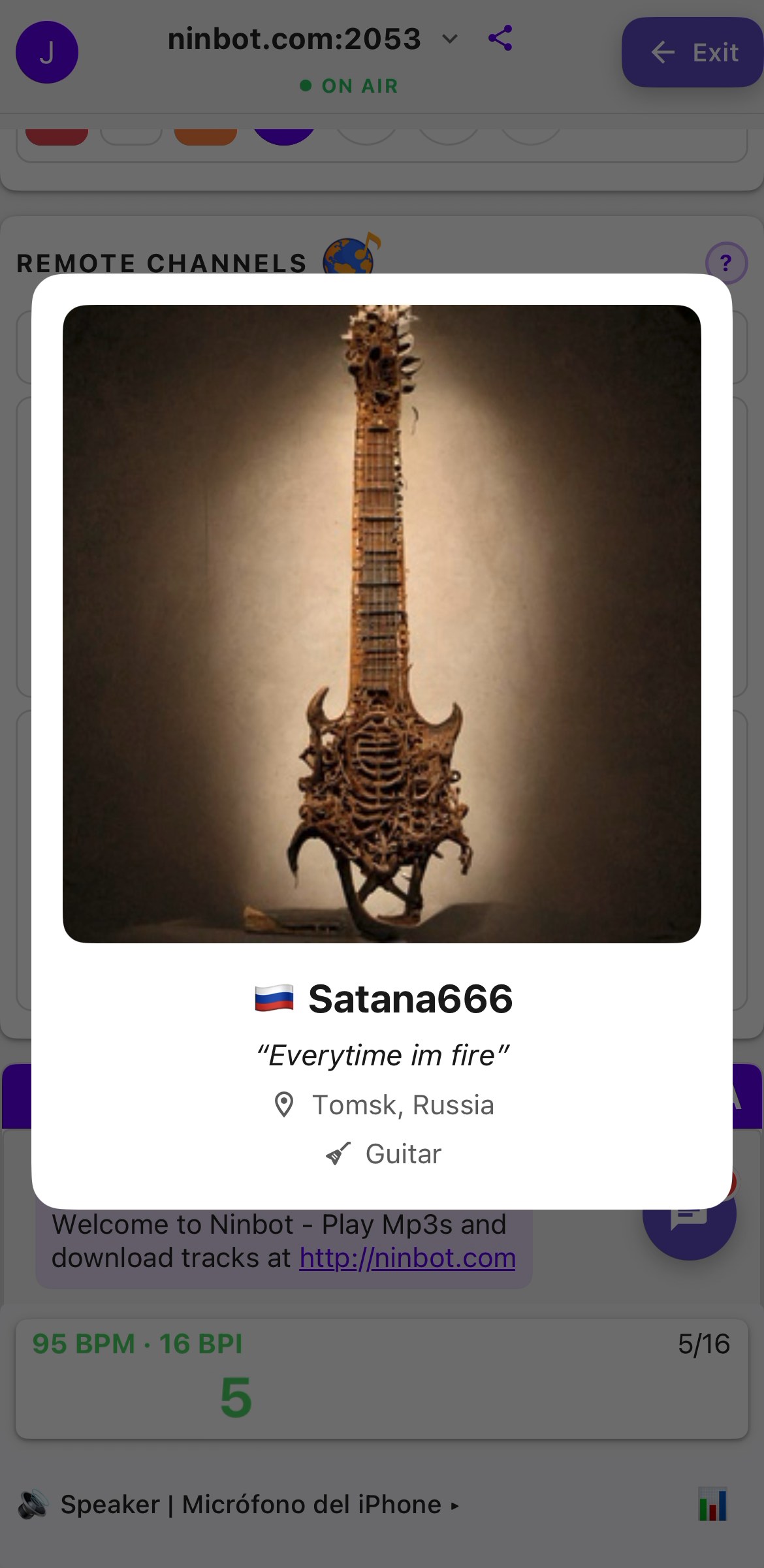 Tarjeta de perfil de un m&uacute;sico en NinjamZap con foto, mantra, ciudad e instrumento