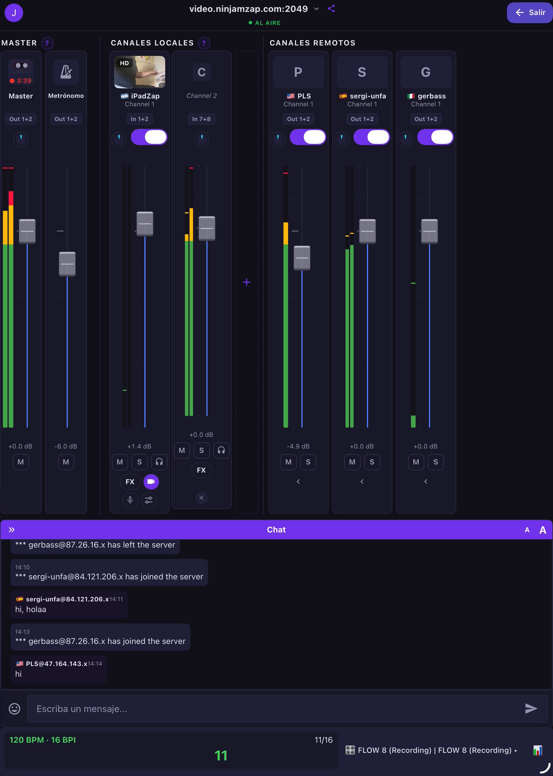 Pantalla de sesi&oacute;n de NinjamZap mostrando el Volumen Master, el bot&oacute;n del Metr&oacute;nomo y los Canales locales