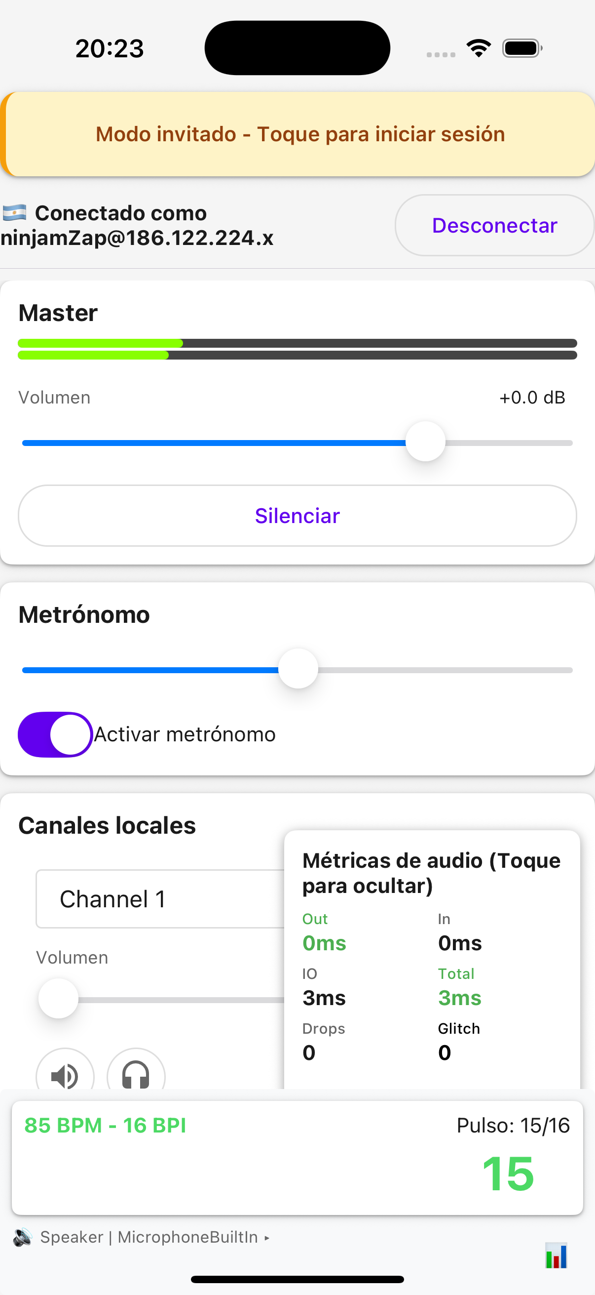 Pantalla de sesi&oacute;n de NinjamZap mostrando el Volumen Master, el bot&oacute;n del Metr&oacute;nomo y los Canales locales