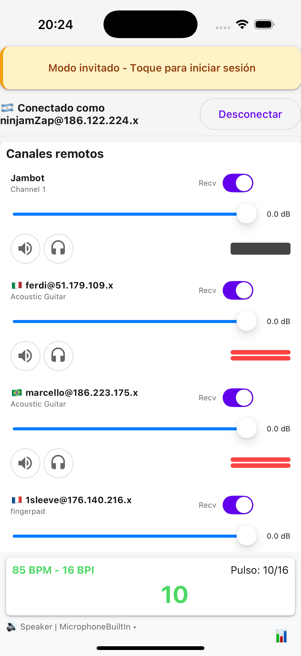 Canales remotos de NinjamZap mostrando varios m&uacute;sicos con controles de volumen y medidores VU