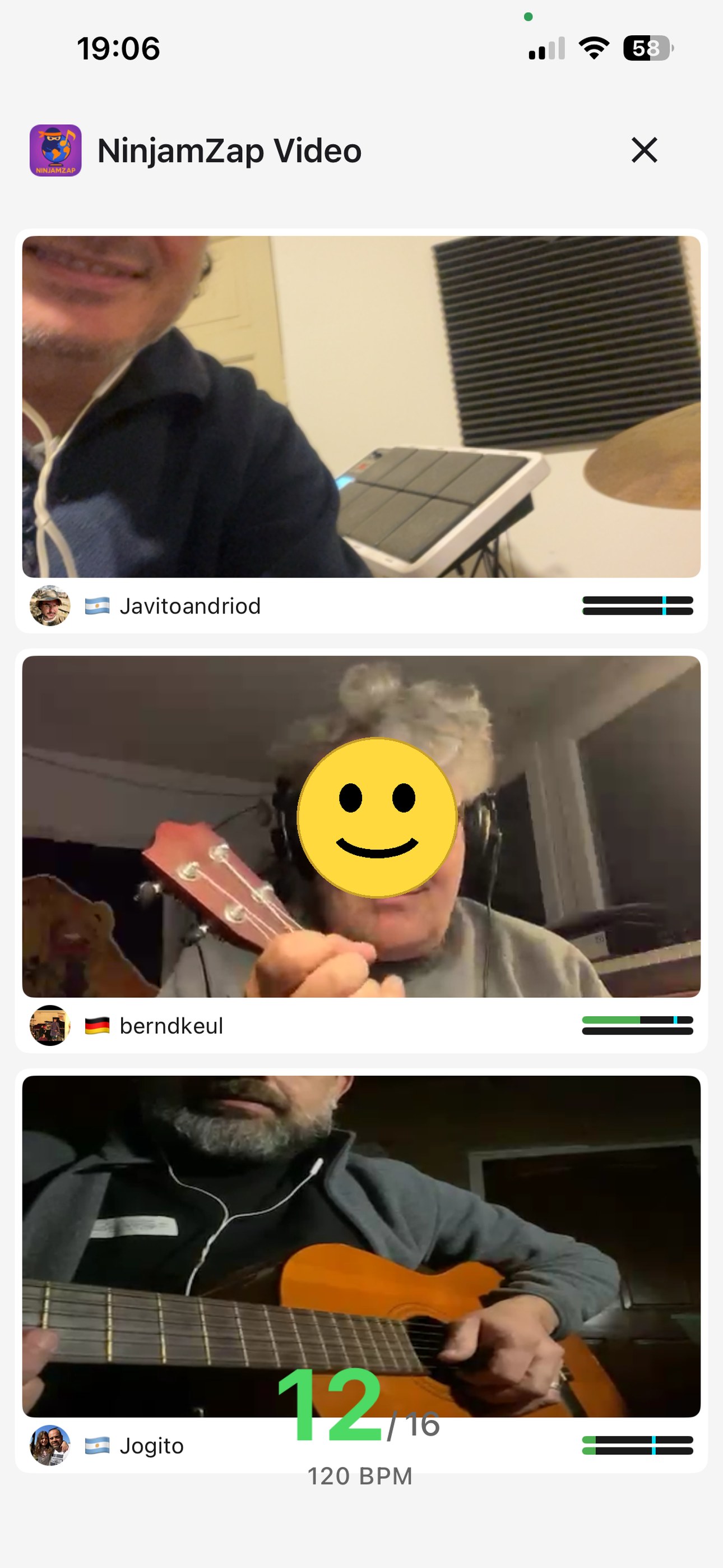Grilla de video de NinjamZap mostrando las c&aacute;maras de varios m&uacute;sicos en una vista de escenario a pantalla completa