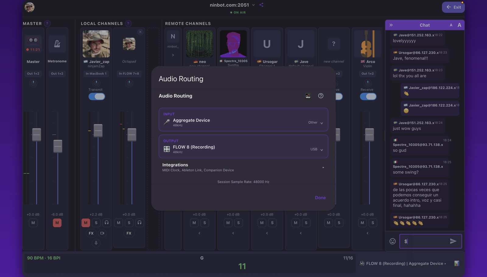 Audio Routing &mdash; pick your interface in and out, and open Integrations