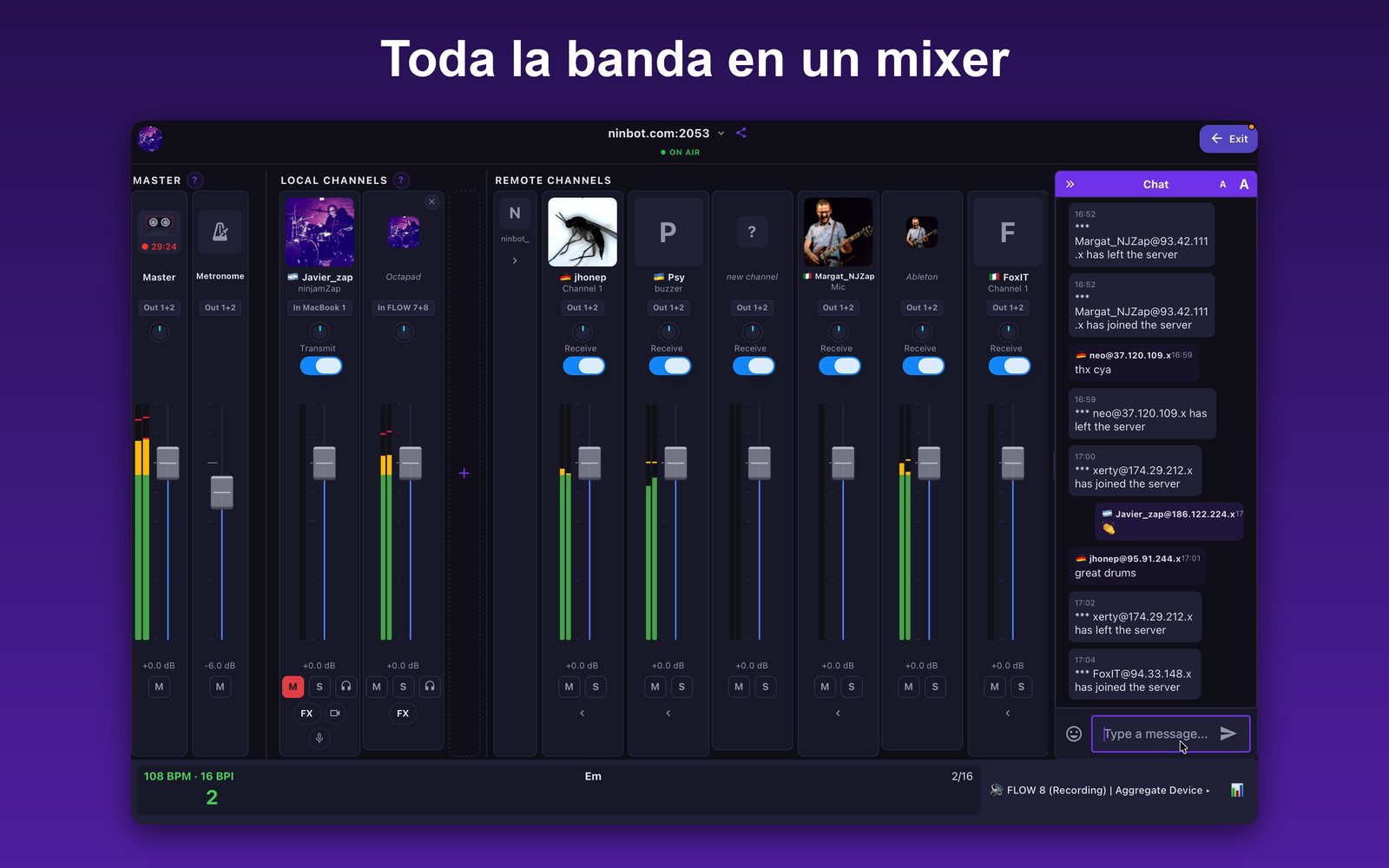 Vista de mezclador de NinjamZap para Mac con master, canales locales y m&uacute;sicos remotos lado a lado