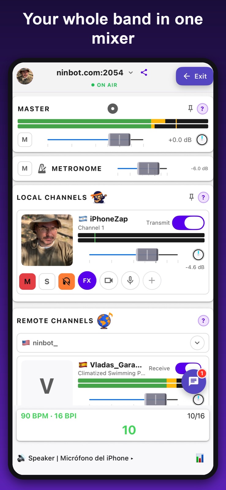 NinjamZap mixer on iPhone